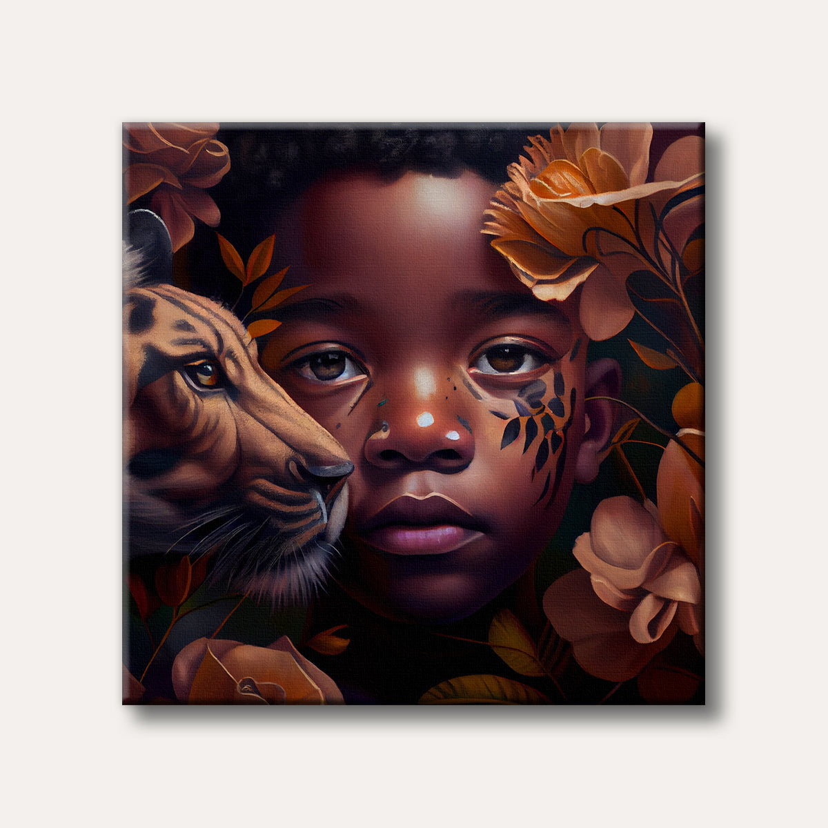A close-up portrait of a child with dark skin, whose face is partially obscured by a tiger's head and framed by large, warm-toned flowers, painted in a realistic and slightly mystical style.