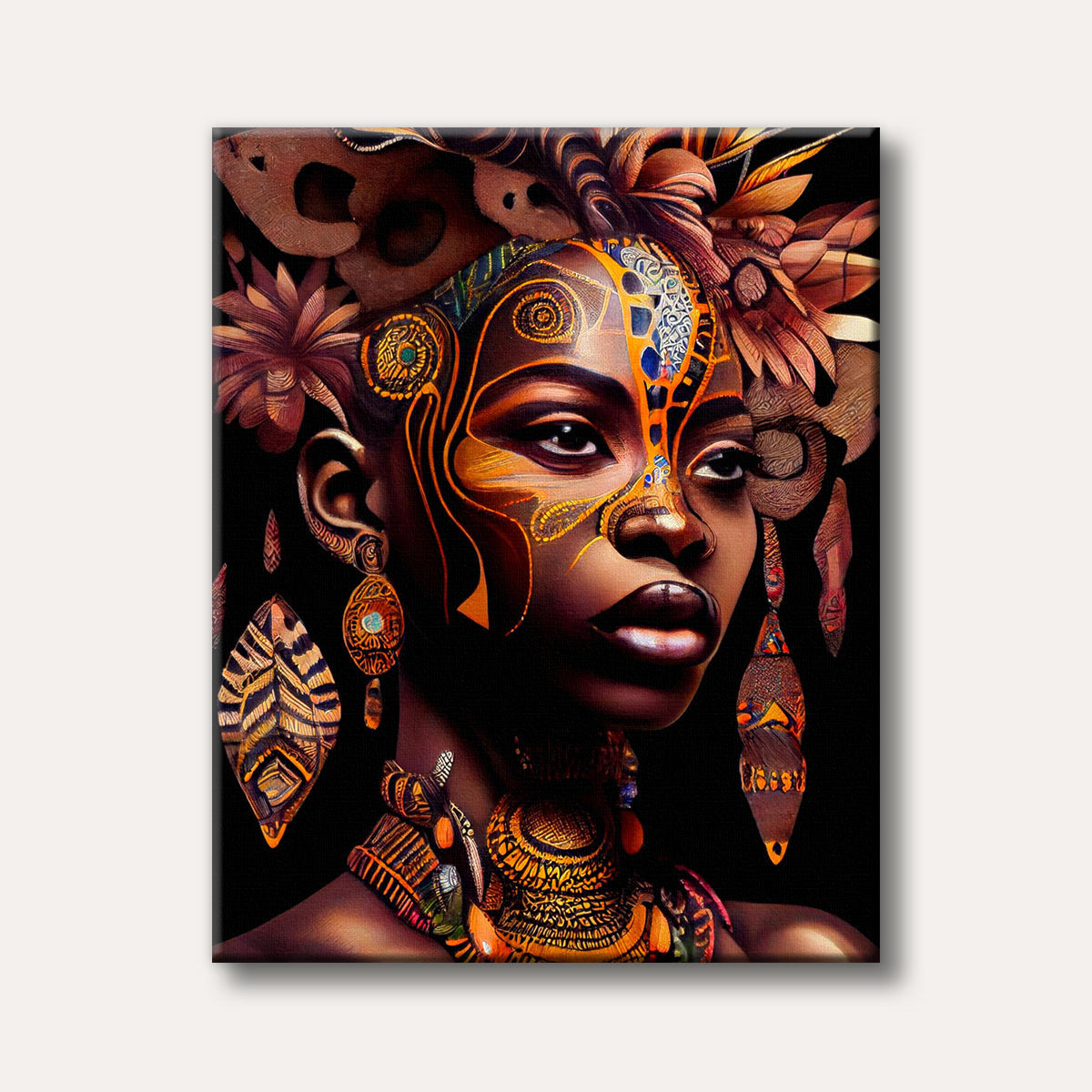 A captivating close-up portrait of a woman adorned with intricate golden and patterned tribal embellishments and ornate headwear against a dark background, rendered in a vibrant, stylized art style.