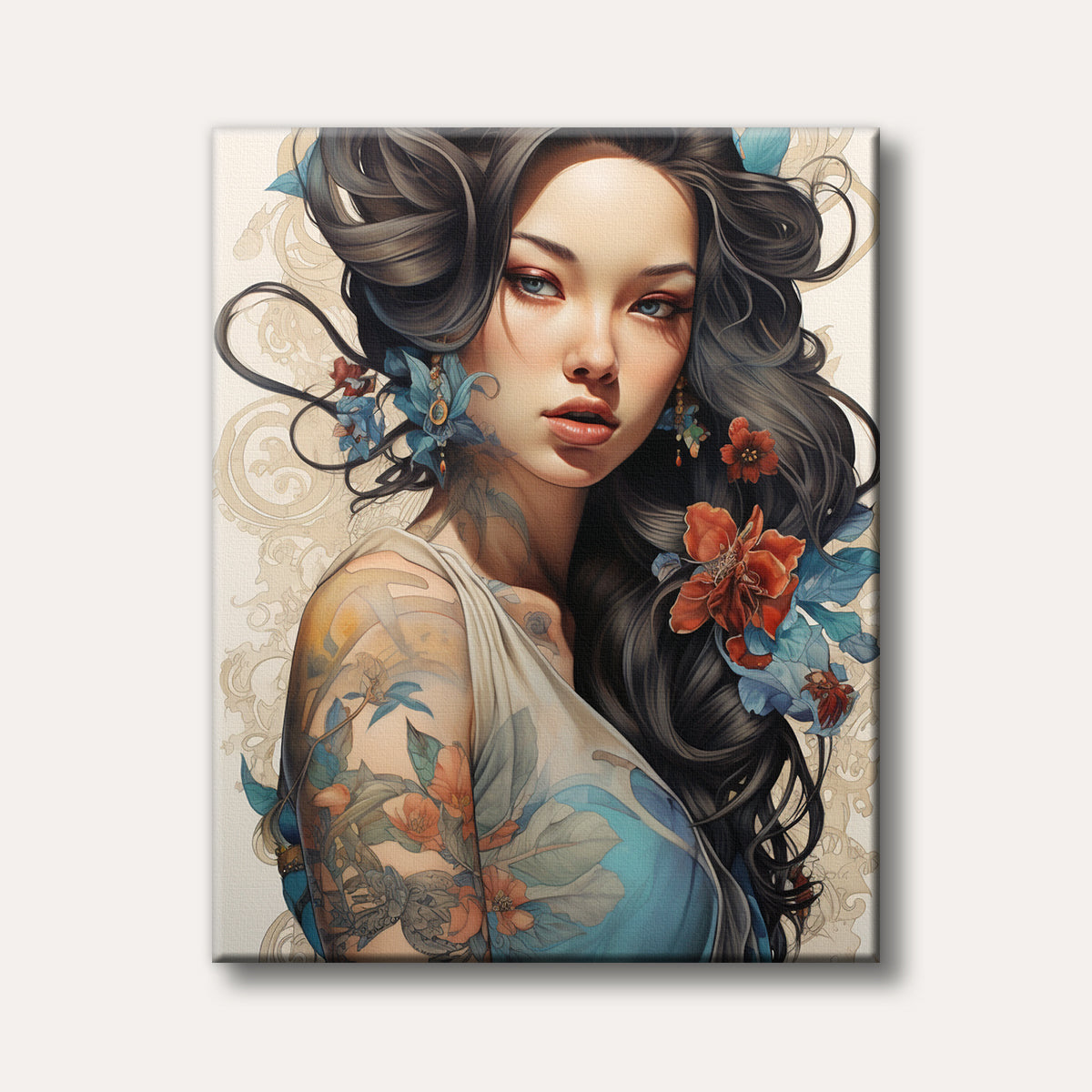 A captivating portrait of a woman with long dark hair, adorned with vibrant red and blue flowers, and intricate floral tattoos on her arm and neck, rendered in a detailed, artistic style.