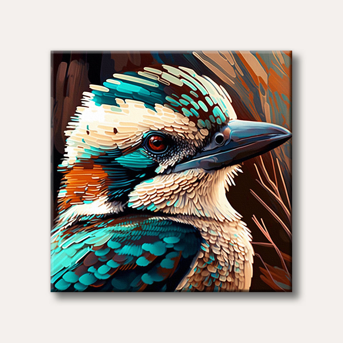A close-up, stylized portrait of a kookaburra with vibrant turquoise, white, and earthy brown feathers and a prominent red eye, set against a dark, warm-toned background.