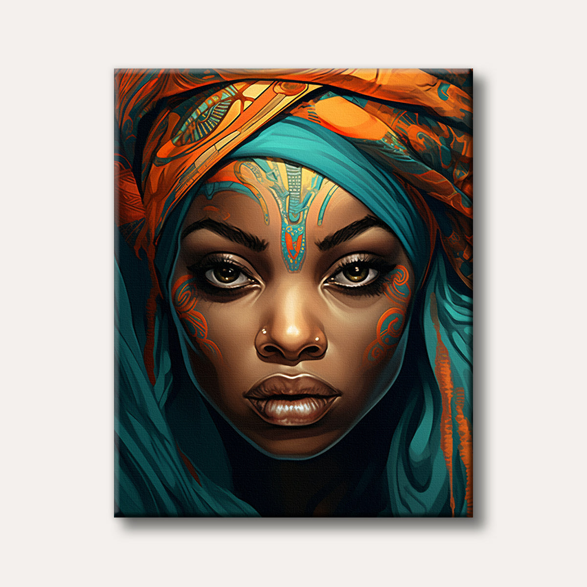 A vibrant, close-up portrait of a woman with dark skin, adorned in an intricately patterned orange and teal headwrap and matching face paint, depicted in a realistic, artistic style.