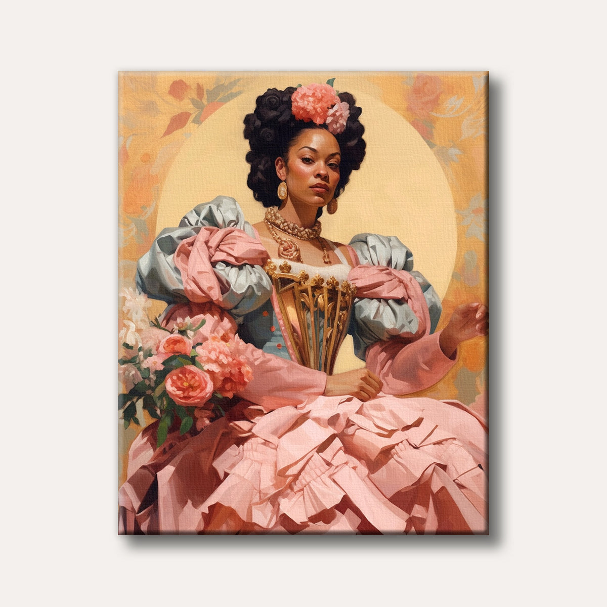 A vibrant artistic portrait of a woman with dark curly hair and a pink flower, wearing an elaborate pink and blue historical gown and holding a bouquet, set against a golden background.