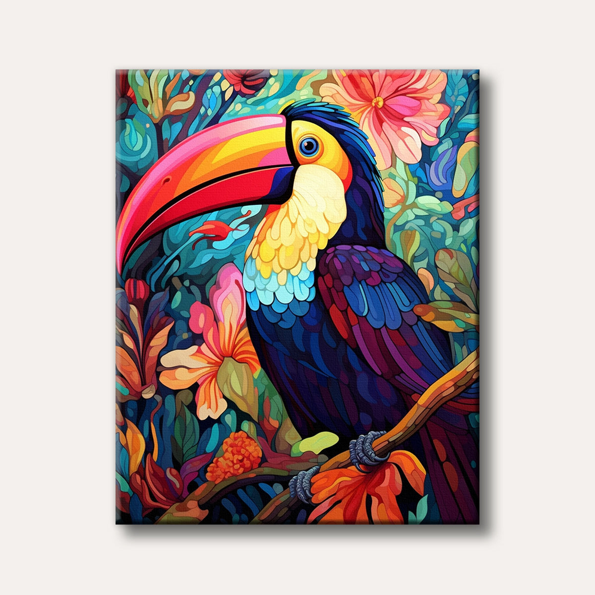 A vibrantly coloured toucan with a large, rainbow-hued beak perches on a branch amidst lush, abstract tropical foliage and flowers, rendered in a striking stained-glass or mosaic-like art style.