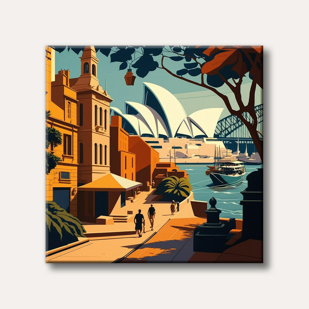 A graphic illustration of Sydney's Circular Quay, featuring the iconic Opera House and Harbour Bridge, with historic orange buildings, people walking, and boats on the water, rendered in a vibrant, stylized travel poster art style.