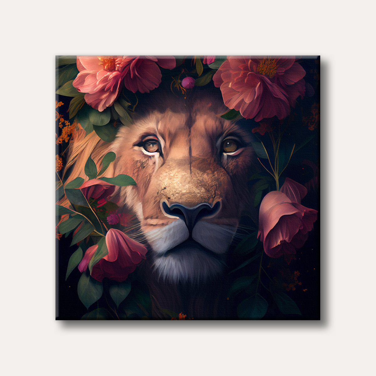 A majestic lion's face adorned with vibrant pink and red flowers and dark green leaves, presented in a painterly and realistic style with a regal mood.
