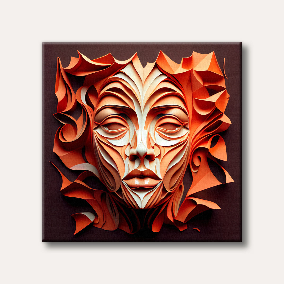 A striking paper art portrait of a face crafted from layered orange and white paper, creating a three-dimensional abstract effect on a dark background.