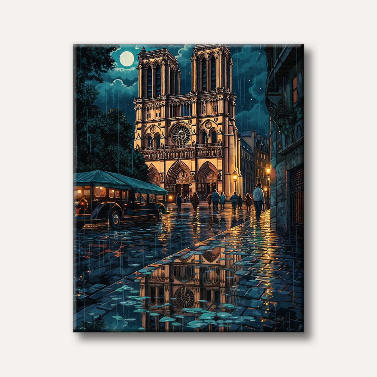 A dramatic and detailed painting of Notre Dame Cathedral at night in Paris, illuminated under a full moon, with a rainy street reflecting the golden lights and gothic architecture.