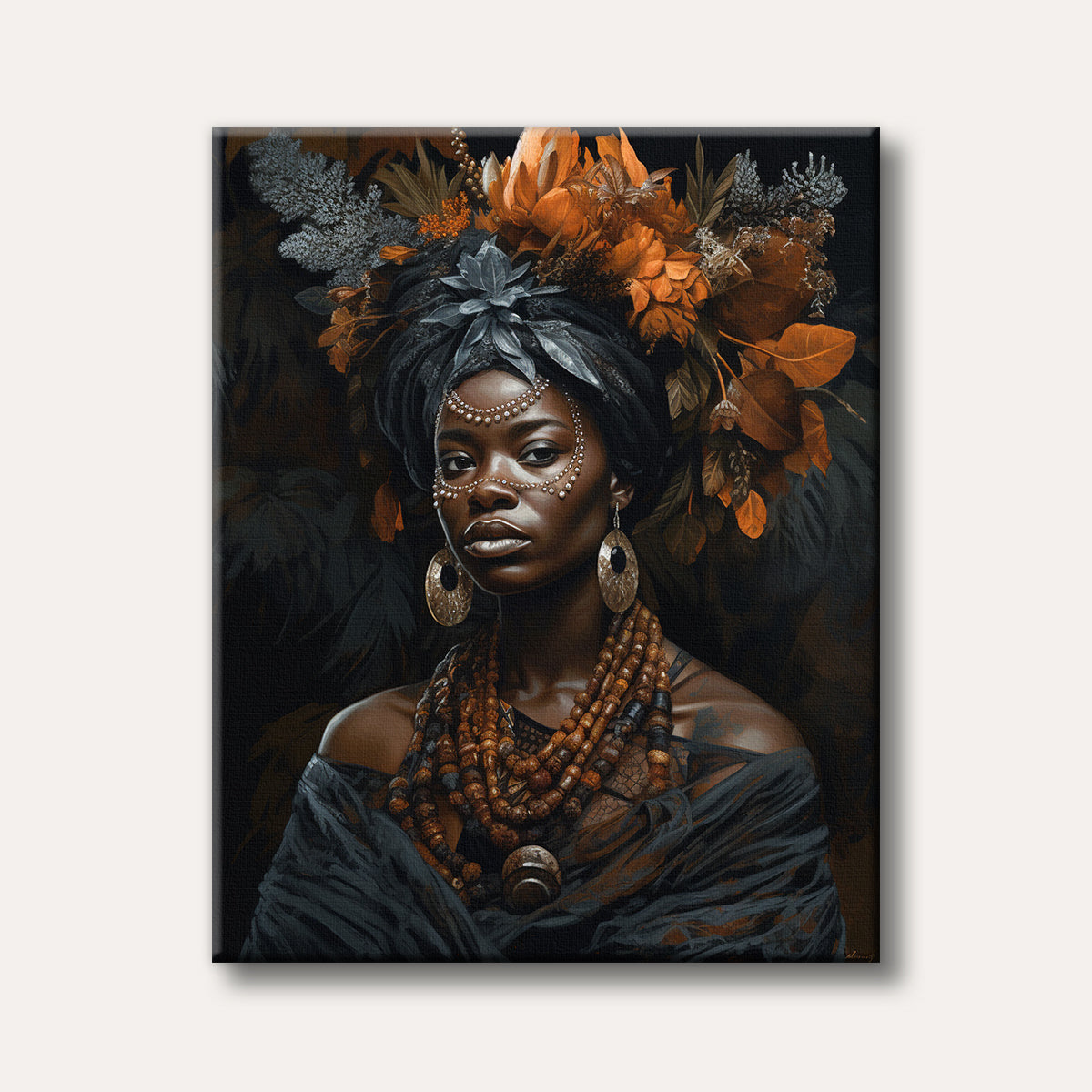 A regal woman with dark skin and a serene expression, adorned with an ornate floral headpiece in shades of orange and gray, intricate pearl face jewelry, and layered beaded necklaces, depicted in a rich, painterly style.