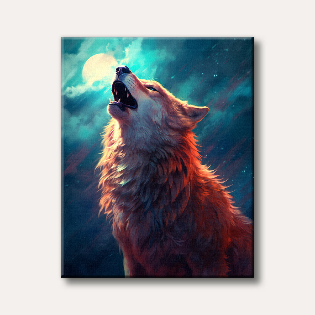 A majestic wolf howling at a large, luminous full moon under a dark, teal-blue sky, depicted in a vibrant, illustrative style with rich red and orange tones.