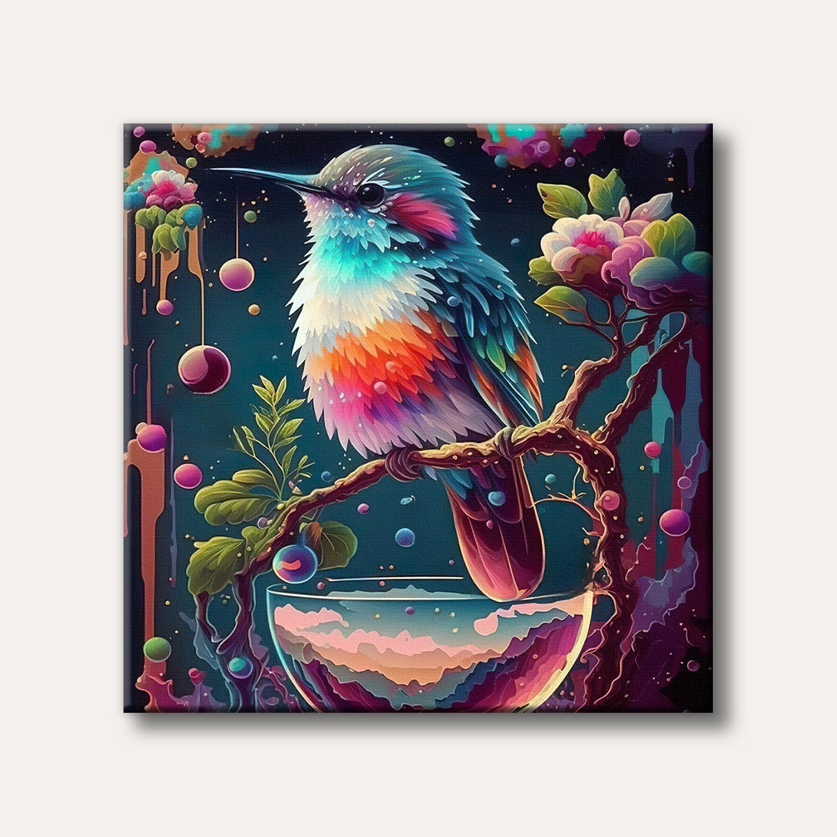 A vibrantly colourful hummingbird with textured feathers perches on a fantastical branch over a glowing glass bowl, surrounded by whimsical elements against a dark, mystical background.