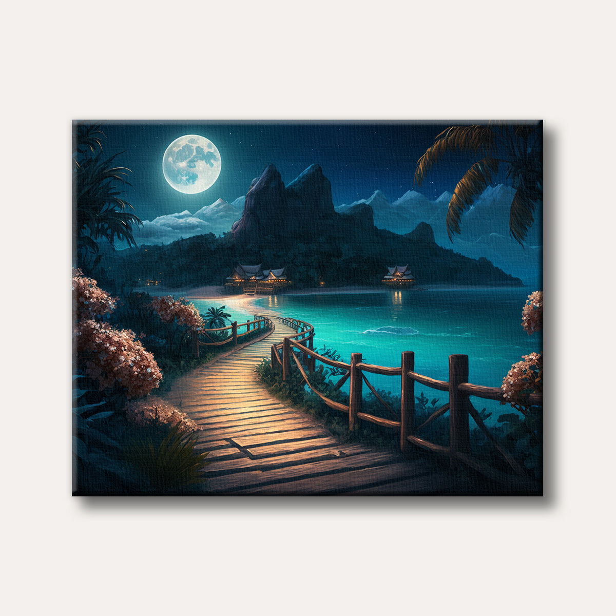 A serene tropical island scene at night, featuring a bright full moon illuminating a wooden pathway curving along a turquoise lagoon towards distant huts and mountains, painted in a realistic and glowing style.
