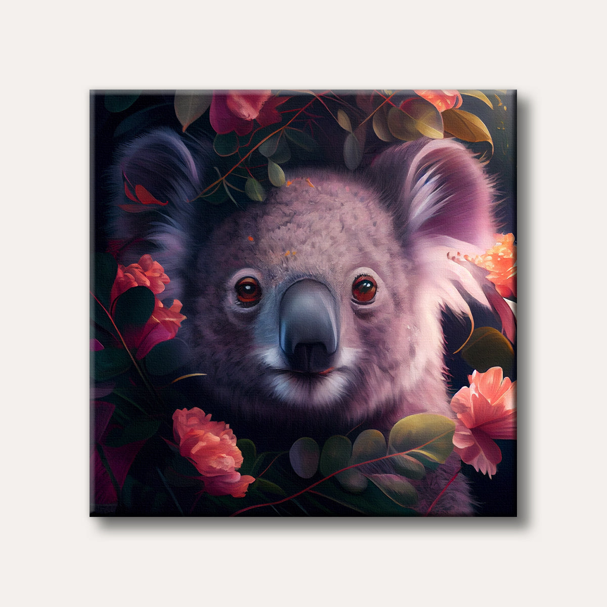 A close-up digital painting of a koala bear with large, warm eyes peeking through vibrant pink and orange flowers and dark foliage, rendered in a detailed, dreamy style.