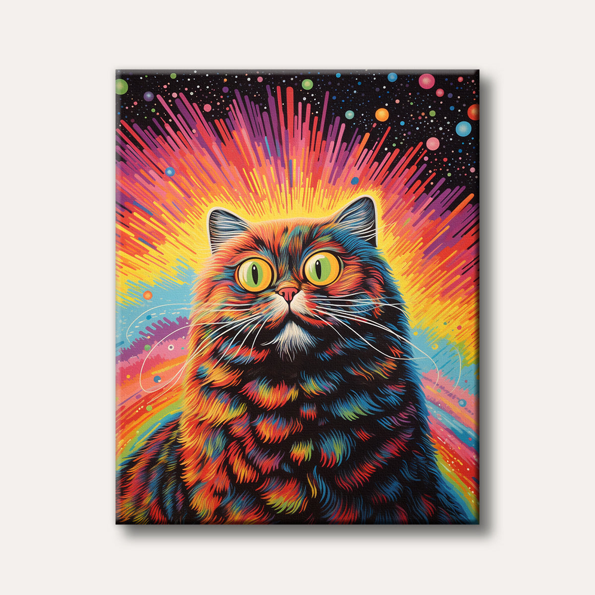 A vibrant, psychedelic cat with large green eyes and multi-coloured fur against a background of radiating rainbow lines and colourful bubbles, rendered in a striking pop art style.