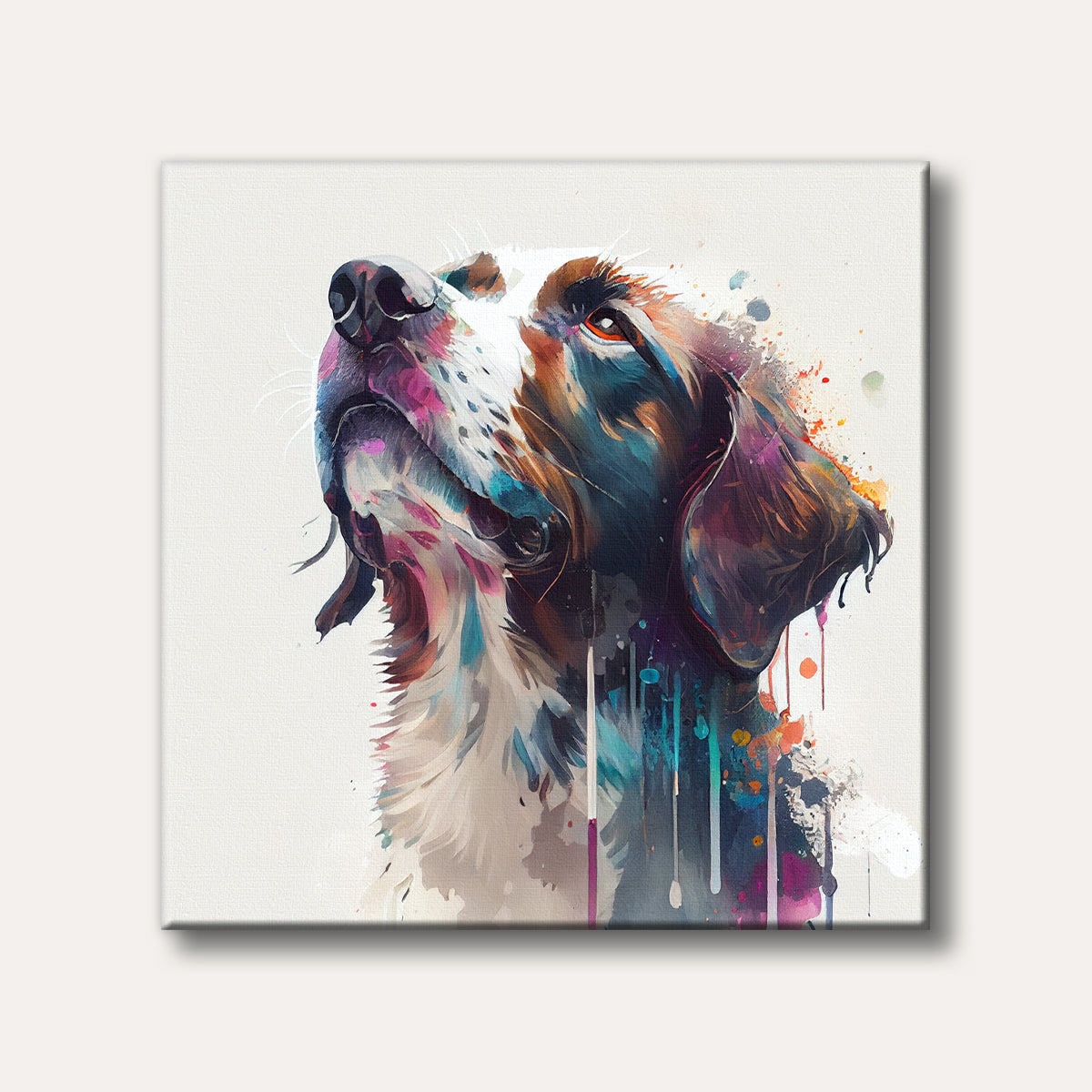 A vibrant watercolour painting of a dog's head looking upwards, rendered in an abstract, expressive style with splashes of multiple bright colours.