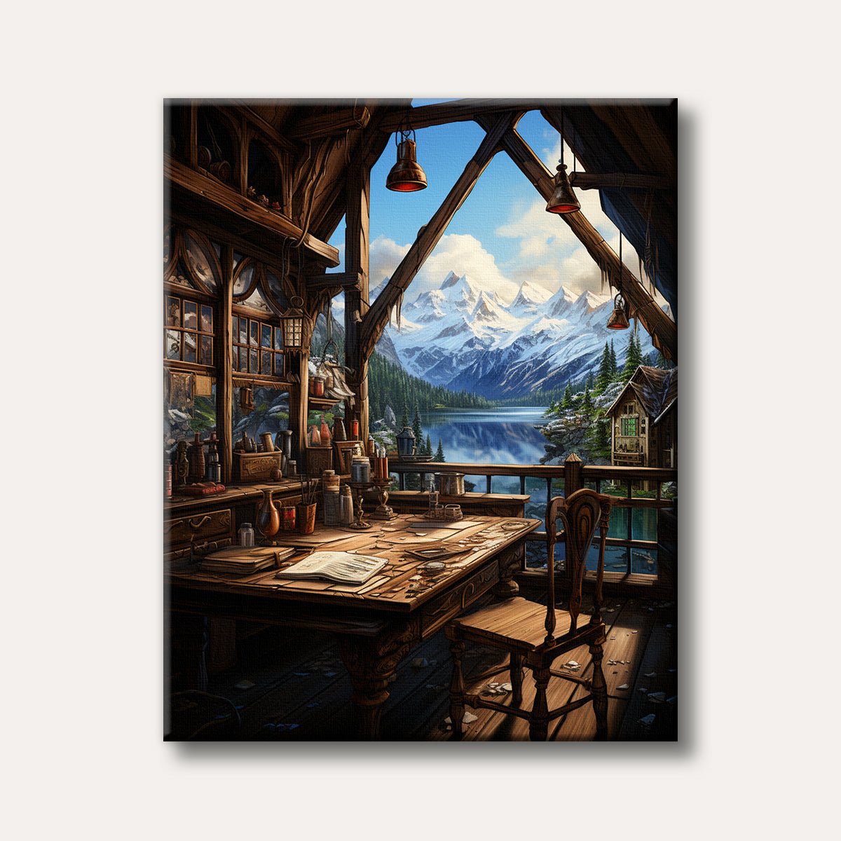 A rustic wooden studio room with a desk full of art supplies, featuring a large window framing a stunning view of snow-capped mountains, a calm lake, and green forests, depicted in a detailed, realistic style.