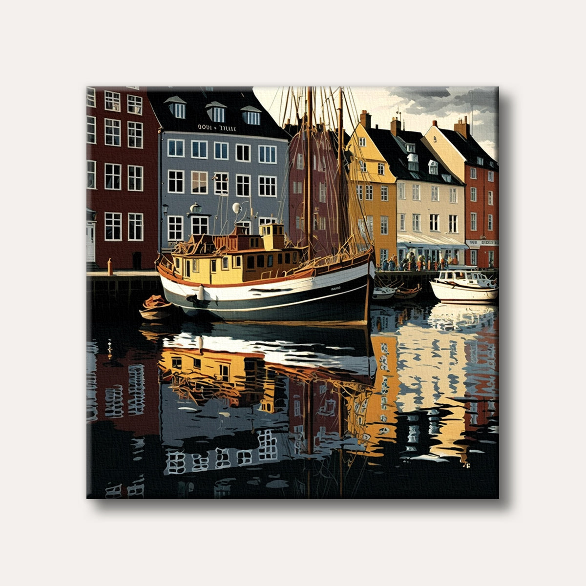 A vibrant painting of a European harbor scene with traditional boats docked in a canal, reflecting colourful historic buildings under a cloudy sky, depicted in a graphic, illustrative style.