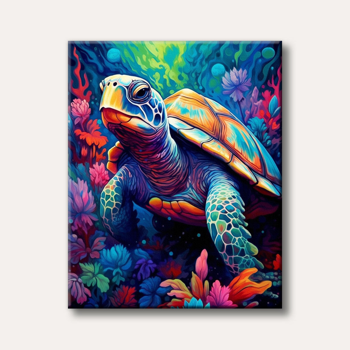 A highly stylized and vibrant sea turtle with a multi-coloured shell and flippers swims amidst a rich, colourful underwater landscape of coral and plant life.