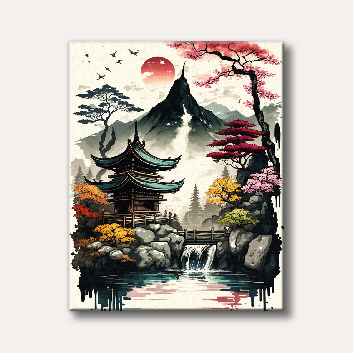 A vibrant Japanese landscape painting featuring a traditional pagoda, a cascading waterfall, mountains, and colourful cherry blossom trees under a red sun, rendered in a traditional ink wash style.