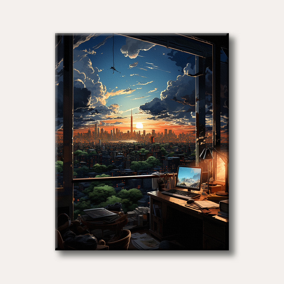 A dramatic digital painting showing a vibrant city skyline at golden hour sunset, viewed from a cozy room with a desk in the foreground, capturing a serene yet awe-inspiring mood.