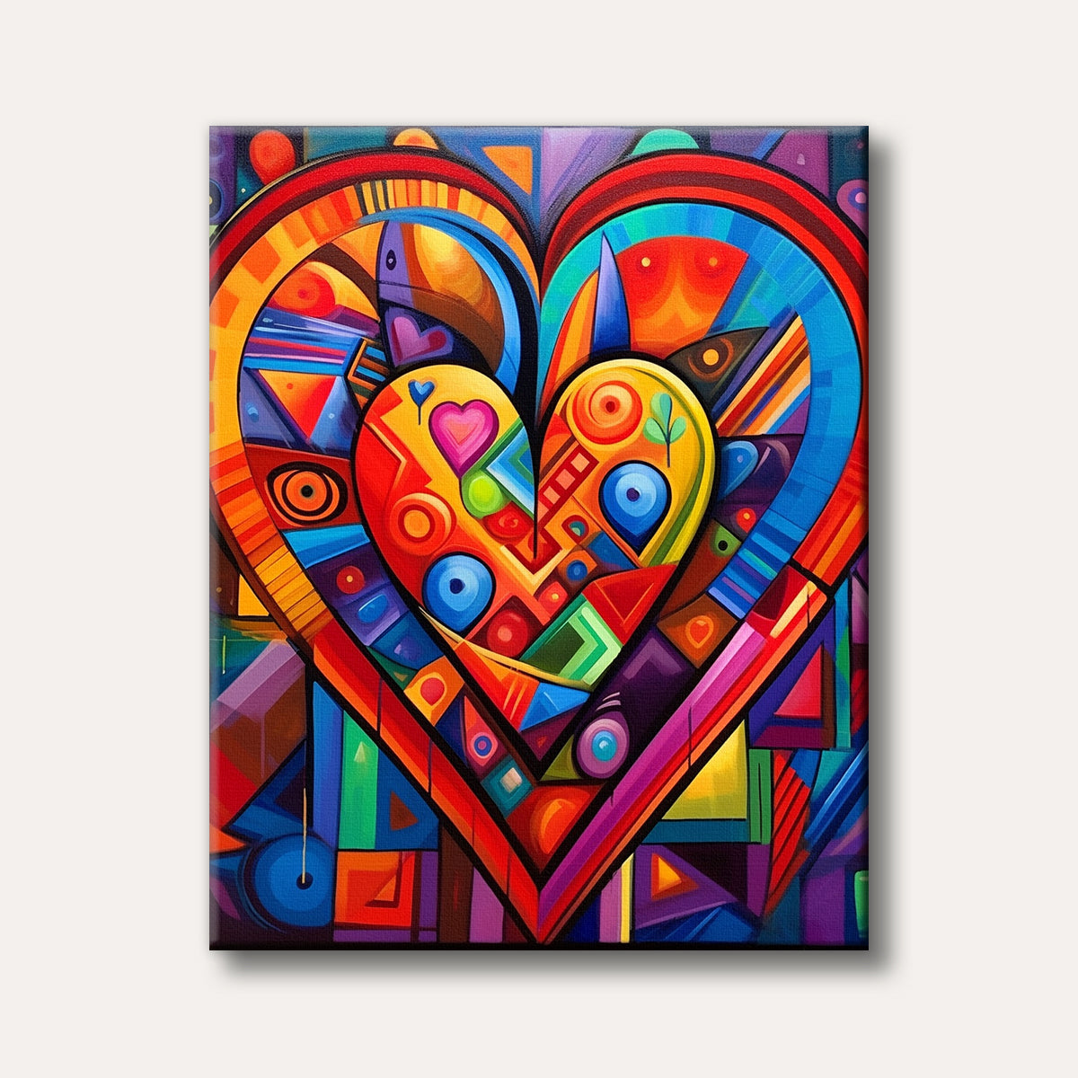 A vibrant abstract painting of a large heart, composed of colourful geometric shapes and lines in a cubist-inspired style, radiating energy.