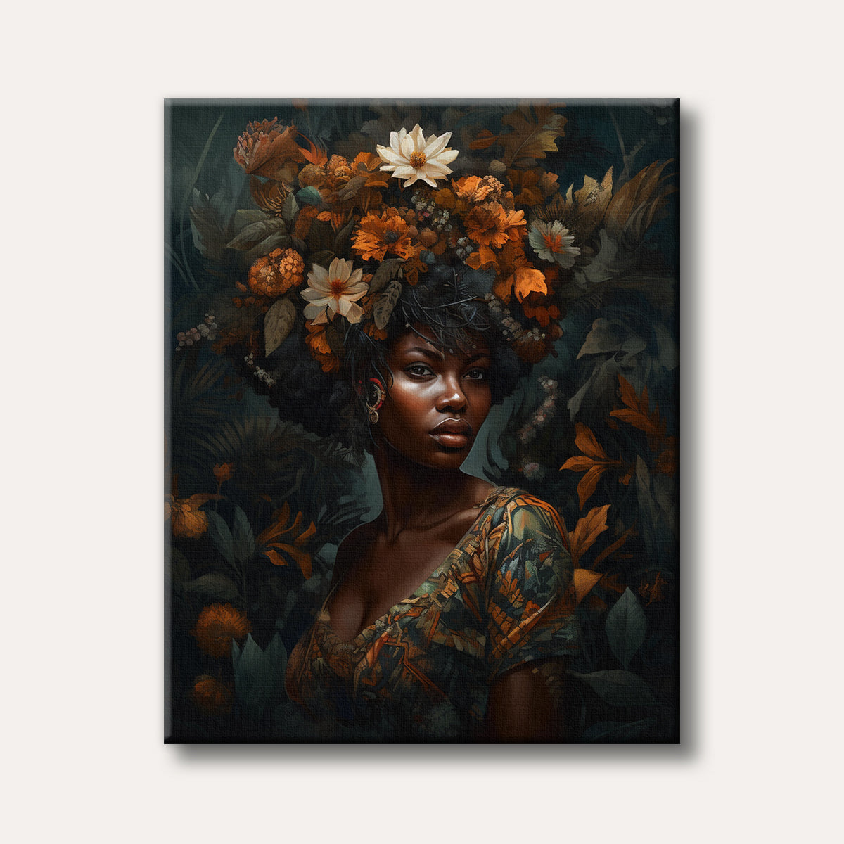 A majestic portrait of a woman with dark skin, adorned with an elaborate headdress of autumn-toned flowers and leaves, set against a dark, lush botanical background, rendered in a detailed and artistic style.