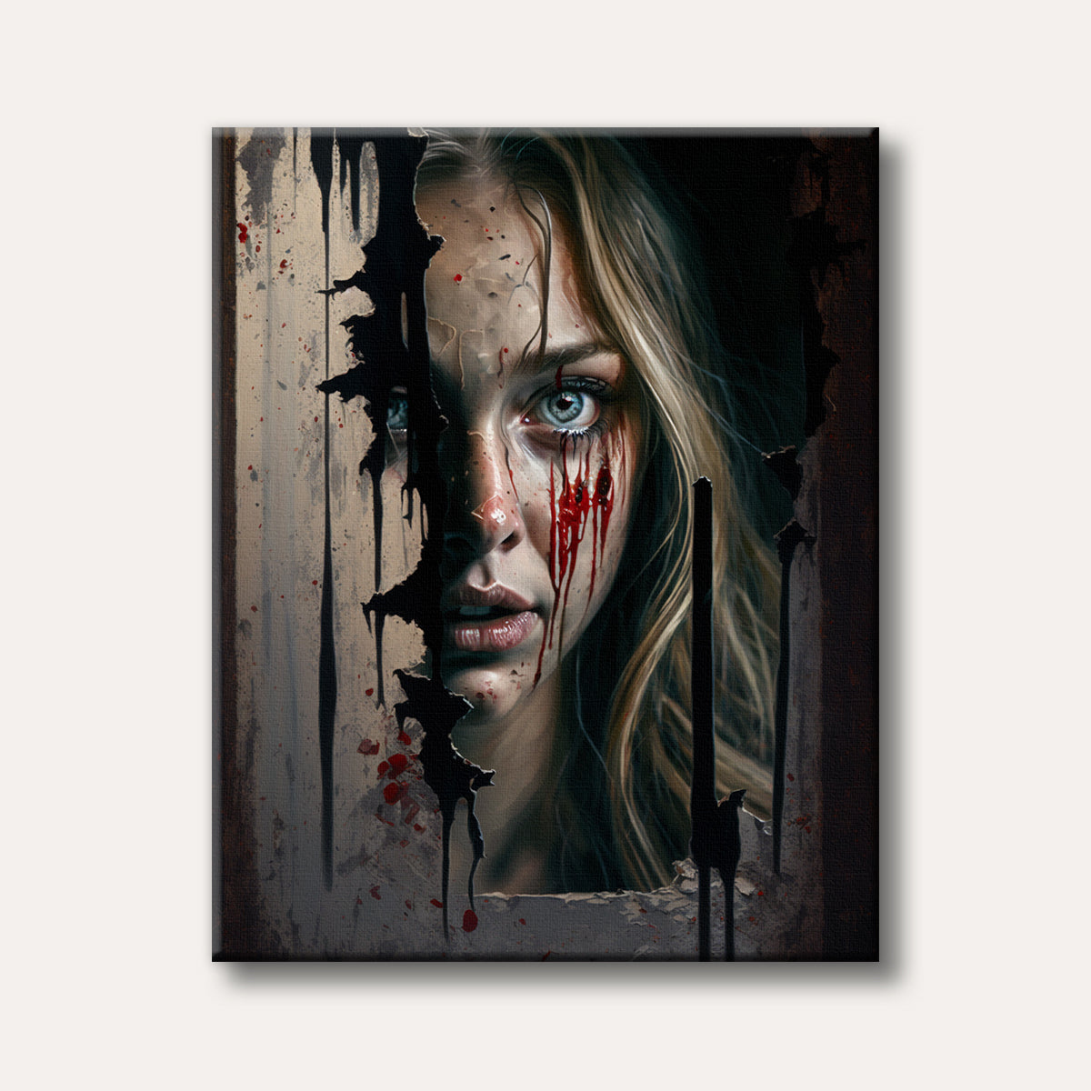 A graphic digital painting of a woman's pale face peering through a broken wall, with vivid red streaks resembling blood dripping from her eyes, conveying a disturbing and intense mood.