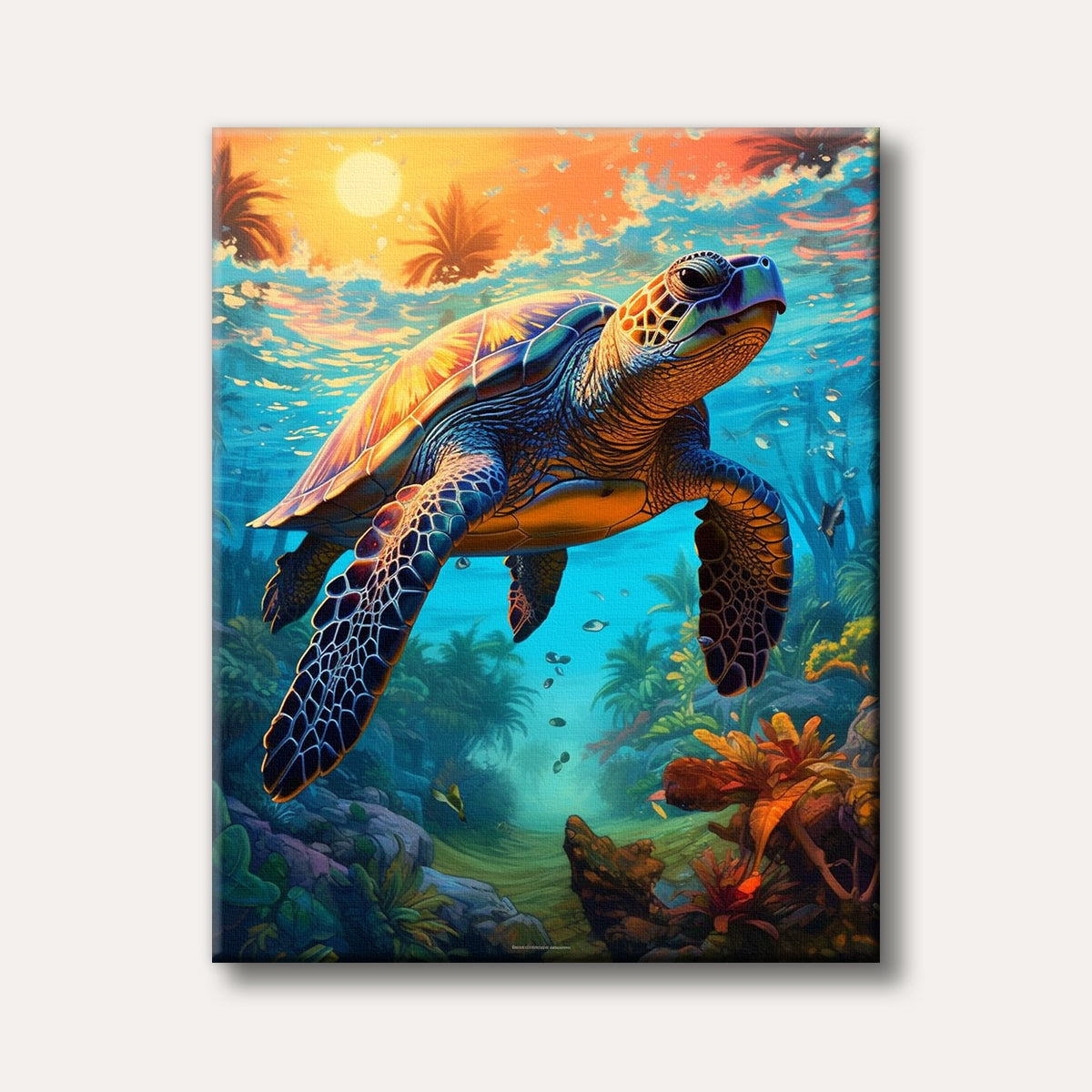 A large, colourful sea turtle swims gracefully through clear blue tropical waters with sunlight filtering from above, surrounded by vibrant coral and underwater foliage.