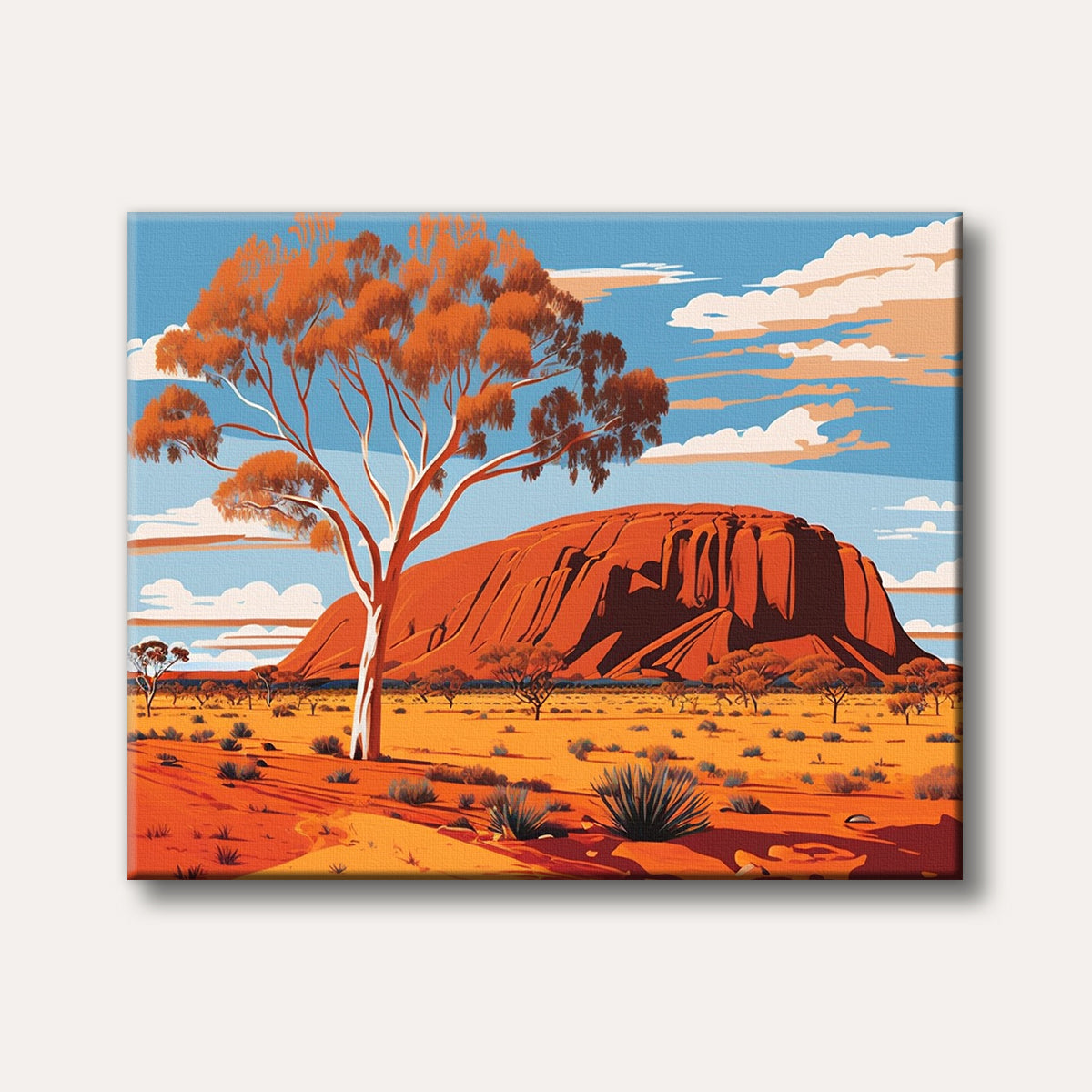 A vibrant, stylized painting of Uluru (Ayers Rock) in the Australian desert, featuring a prominent tree with orange leaves and a blue sky with white clouds.