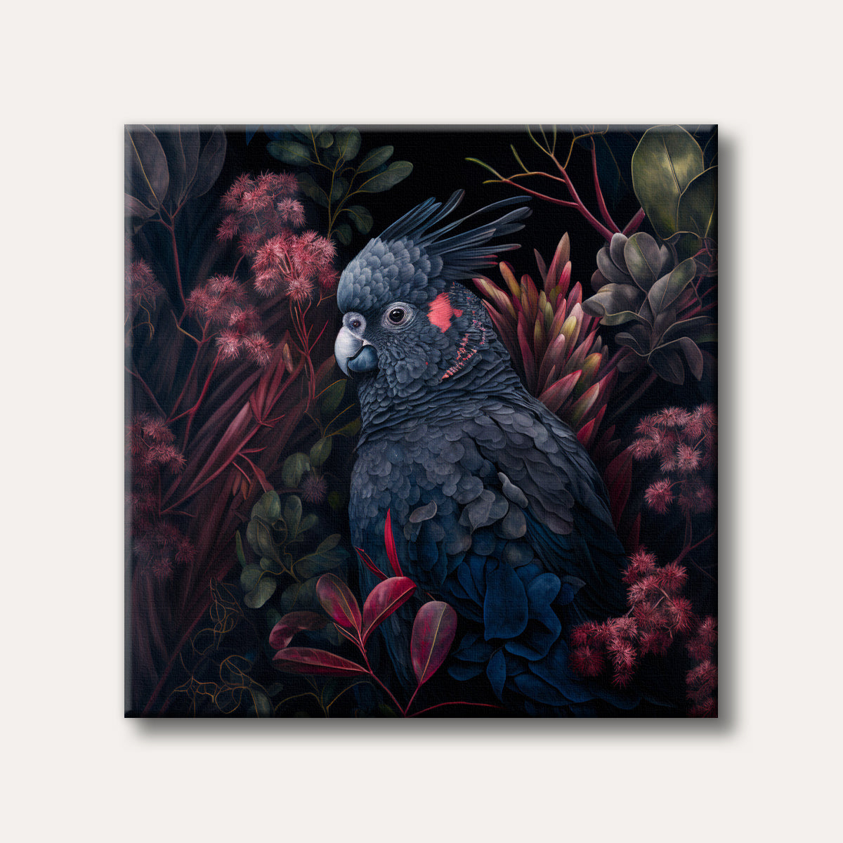 A striking black palm cockatoo with red cheek patches sits amidst dark, lush foliage with pink and red accents, rendered in a realistic, moody style.