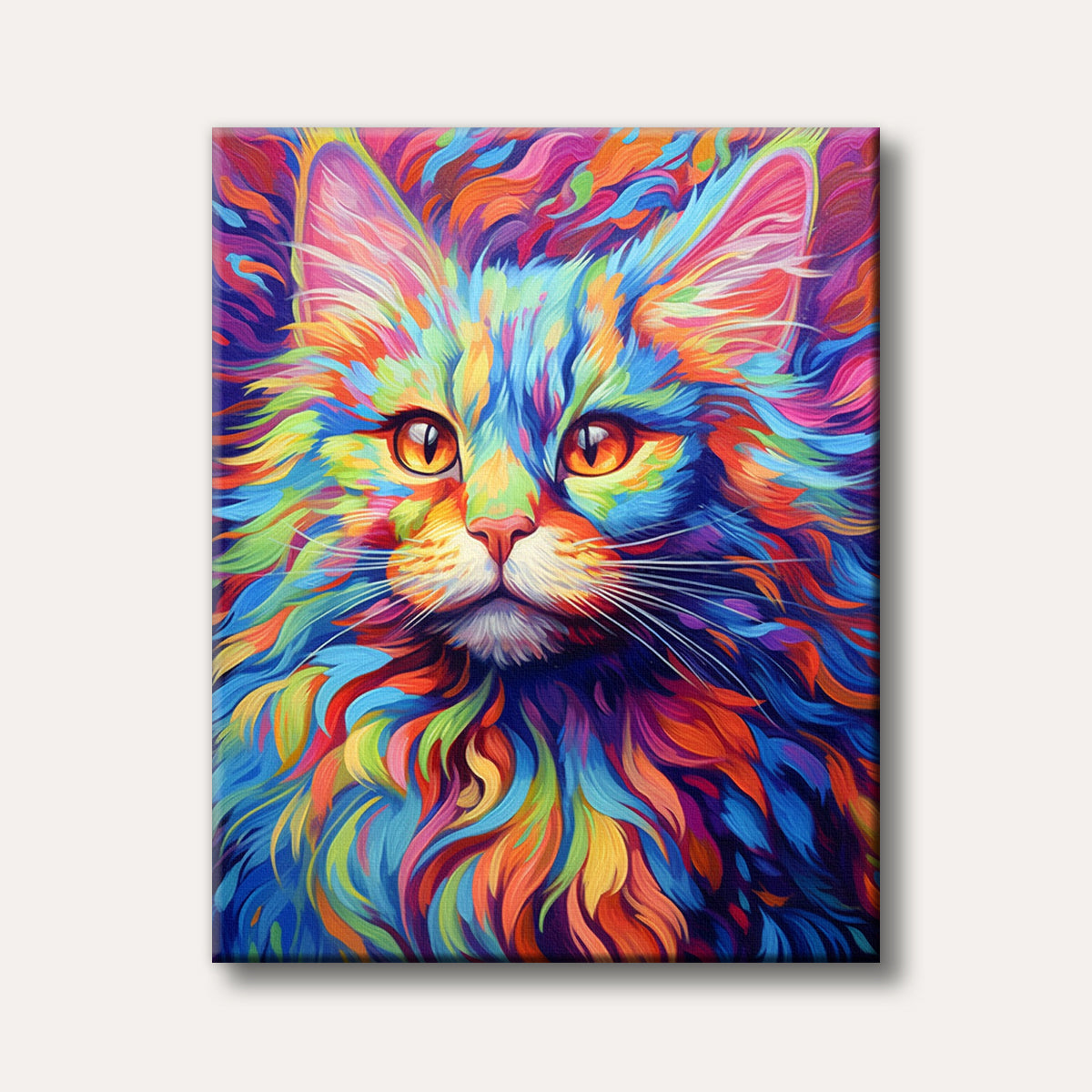 A vibrant, abstract portrait of a cat featuring dynamic, swirling brushstrokes in a full spectrum of bright rainbow colours.