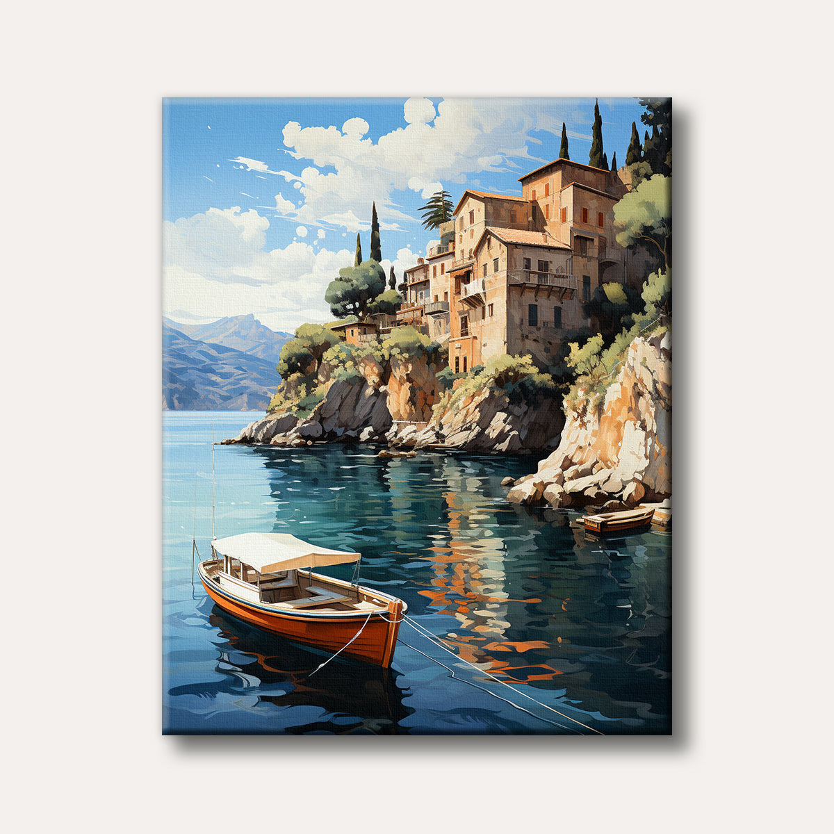 A vibrant painting of a sun-drenched European coastal village built into cliffs, overlooking a serene turquoise bay with a small orange boat in the foreground.