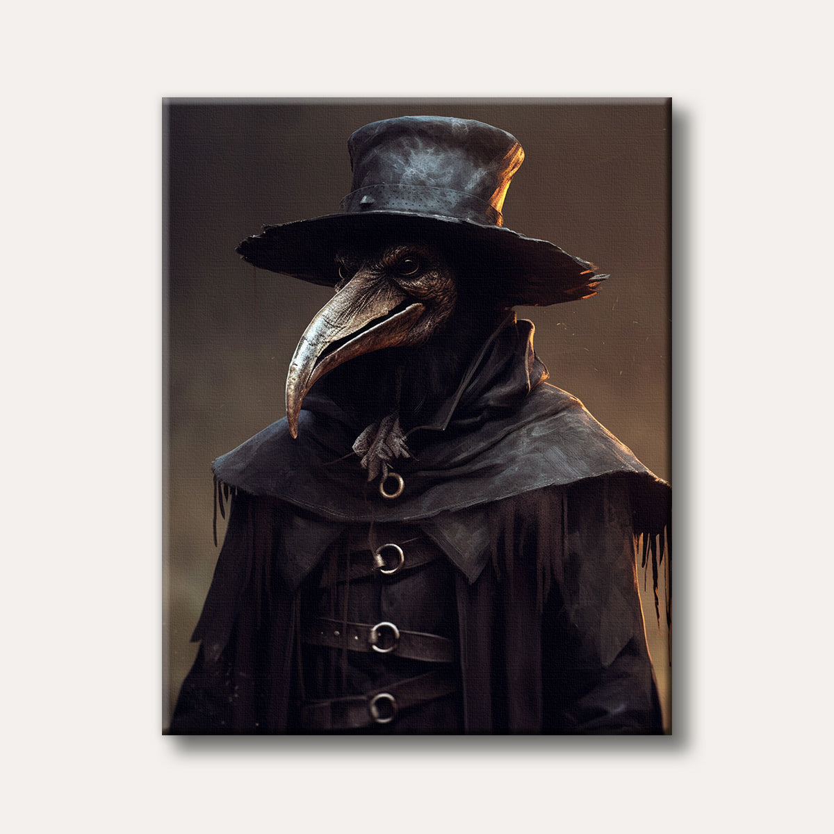 A dark, mysterious plague doctor figure wearing a top hat, long cloak, and a prominent bird-like mask, rendered in a realistic, gothic art style.