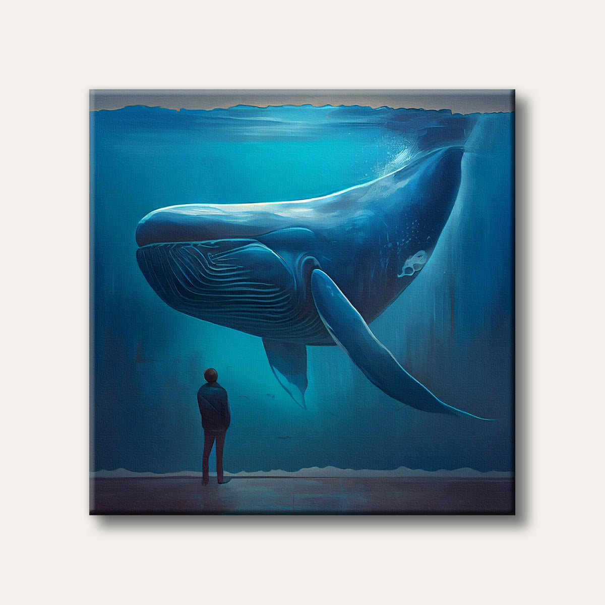 A person stands at the bottom of a large blue aquarium, looking up at a majestic whale swimming above them, rendered in a striking, deep blue palette.