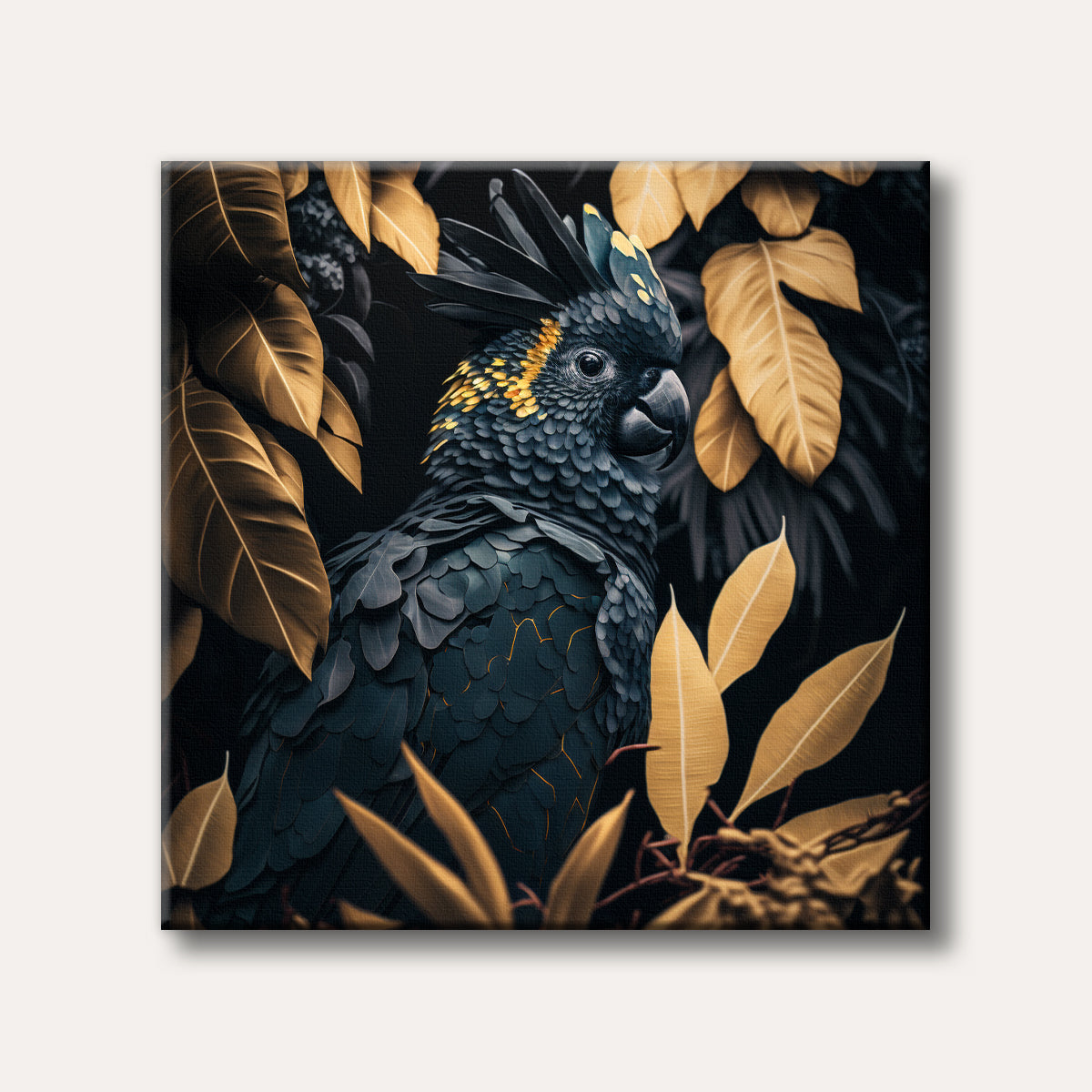 A detailed, realistic painting of a black palm cockatoo with vibrant gold plumage on its head and body, surrounded by large golden tropical leaves, set against a dark background.