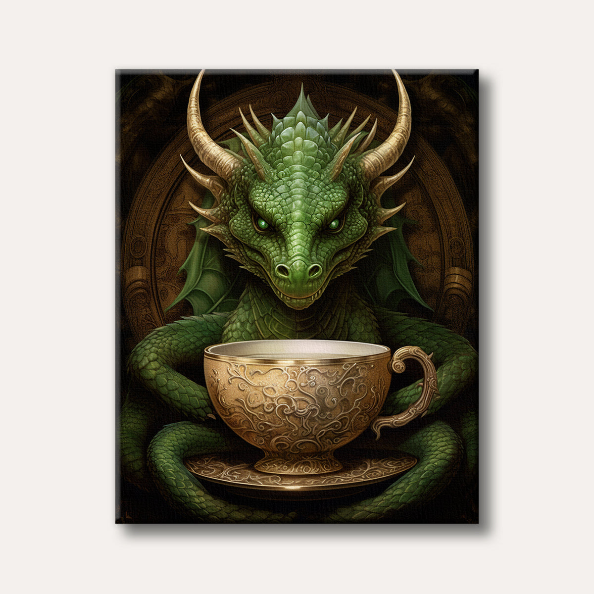 A majestic green dragon with large horns and glowing eyes holds an ornate golden teacup and saucer, painted in a detailed, mystical style.