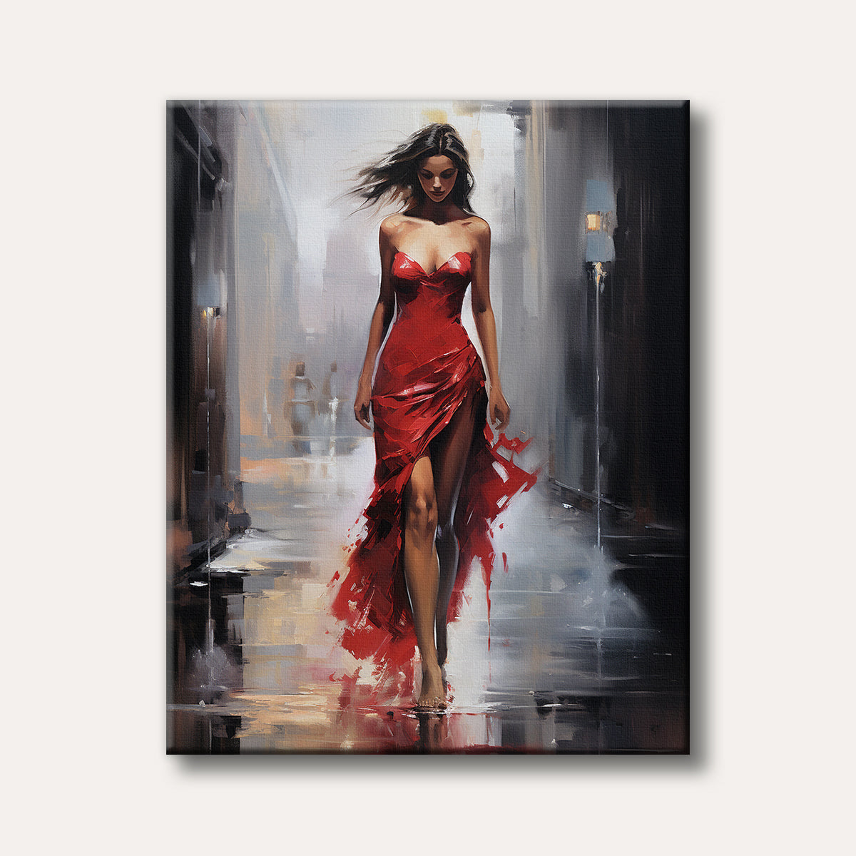 A captivating painting of a woman in a vibrant red, flowing dress walking barefoot on a reflective surface, rendered in an expressive, abstract impressionistic style.