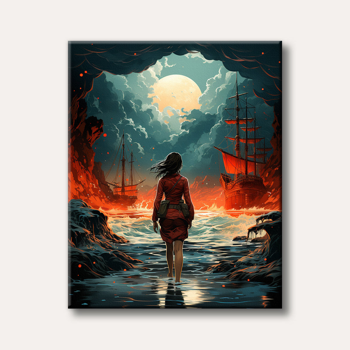 A person in a red dress walks towards two large galleons on a fiery red sea under a dramatic moonlit sky, seen from inside a dark cave, painted in a stylized, epic fantasy art style.