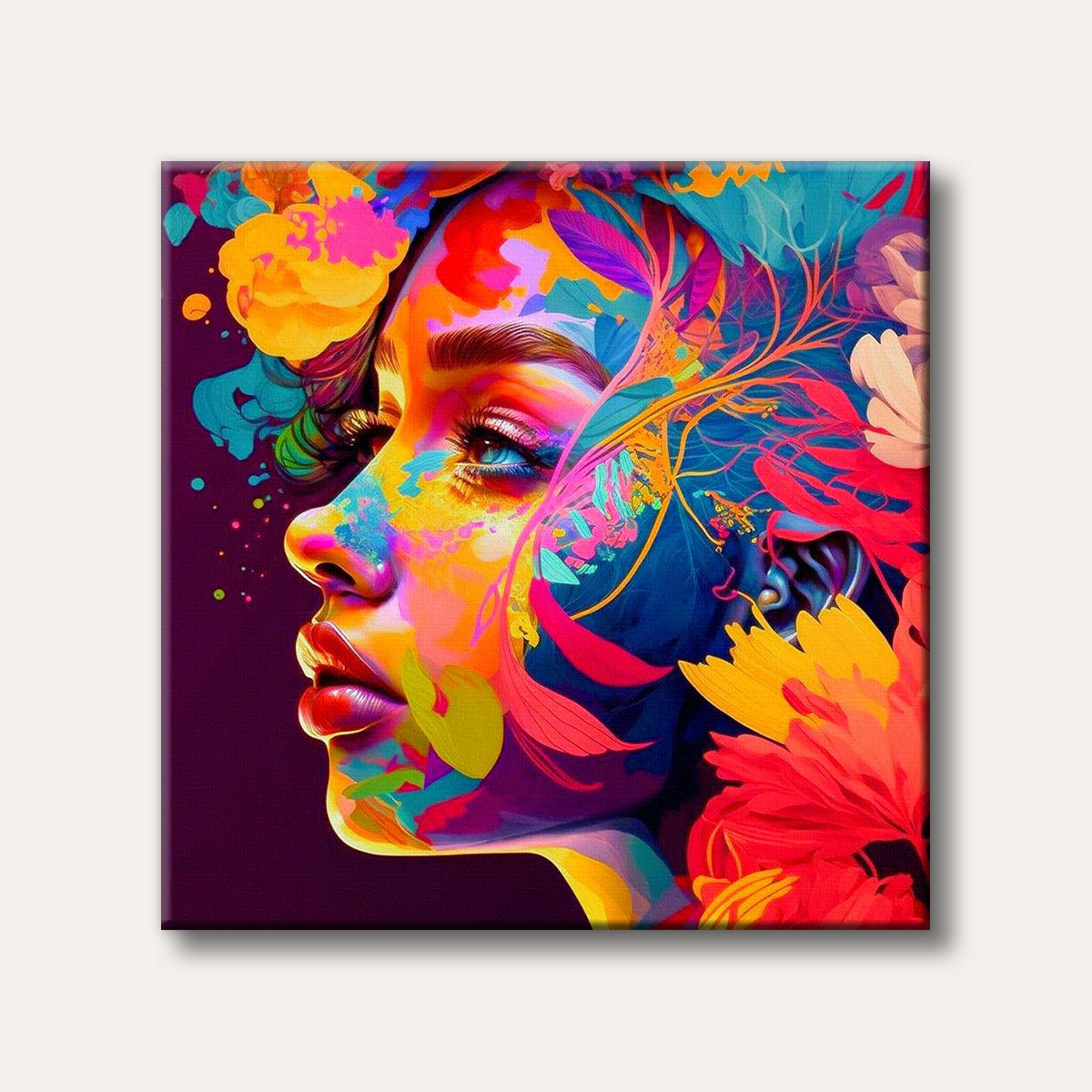 A close-up side profile of a woman's face, vibrantly painted with an explosion of psychedelic colours and organic floral patterns, set against a dark background, in a modern, artistic style.