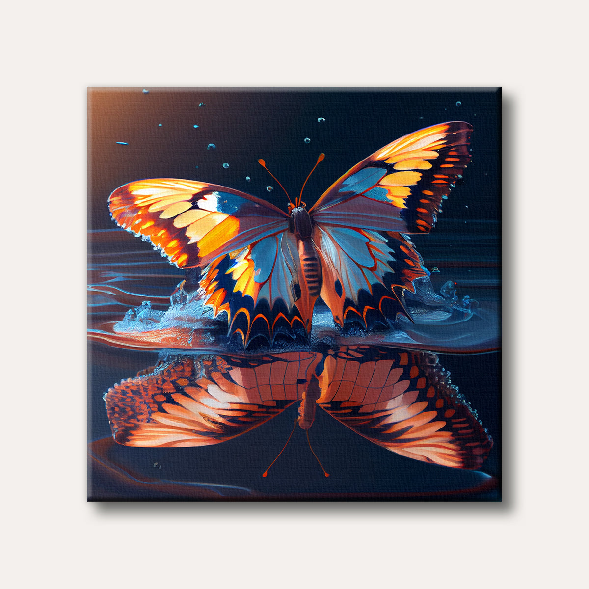 A vibrant butterfly with orange, blue, and black wings is partially submerged in water, creating a clear reflection, depicted in a detailed and colourful artistic style.