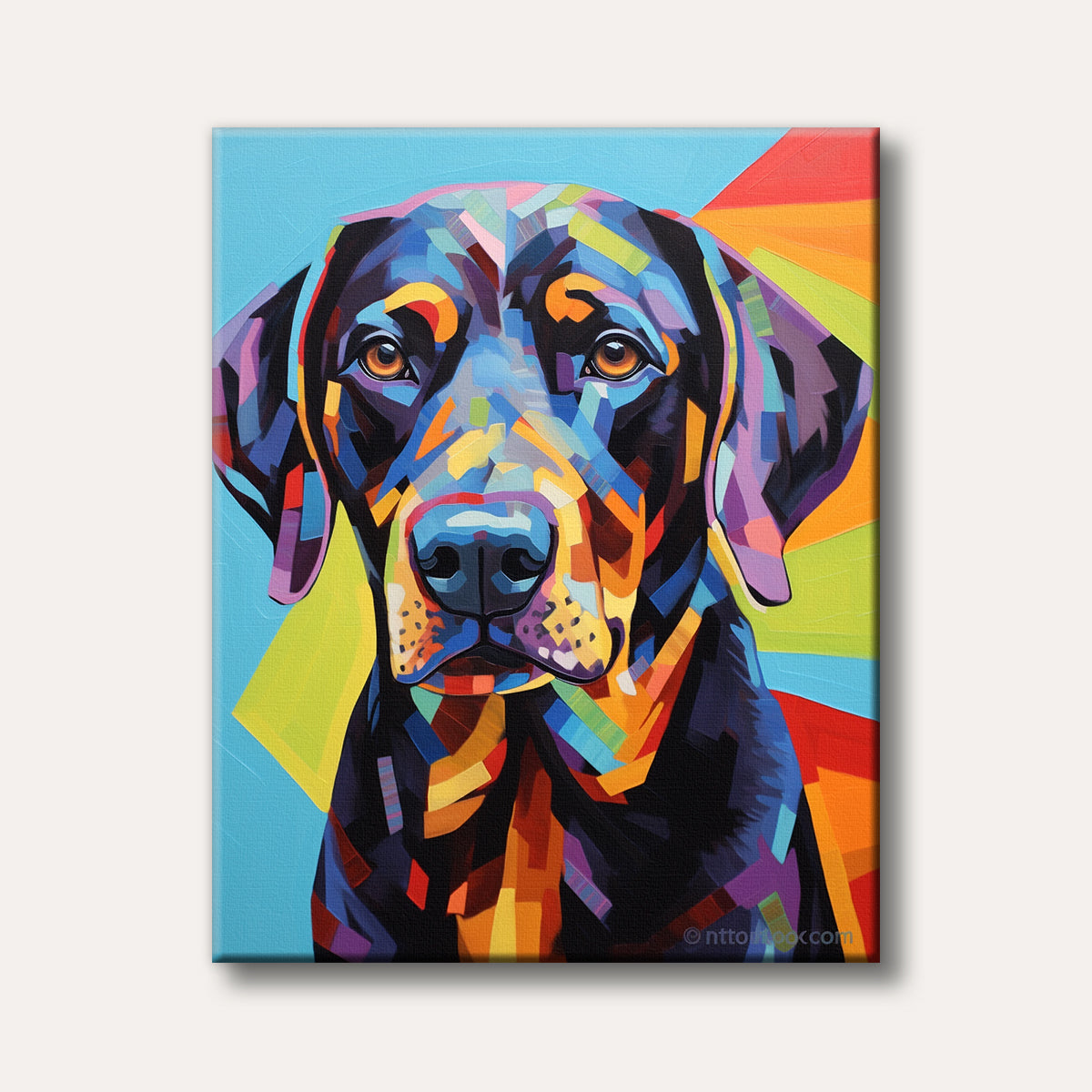 A vibrant pop art style portrait of a black Labrador dog, rendered with colourful geometric shapes against a bright blue and rainbow-coloured background, conveying a cheerful and artistic mood.