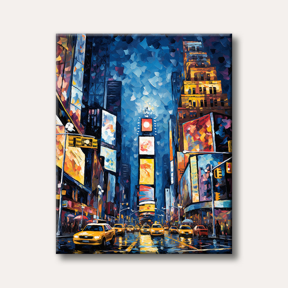 A vibrant, textured painting of a bustling city street at night, featuring bright neon billboards, yellow taxis on wet roads, and towering skyscrapers, rendered in a striking impasto style.