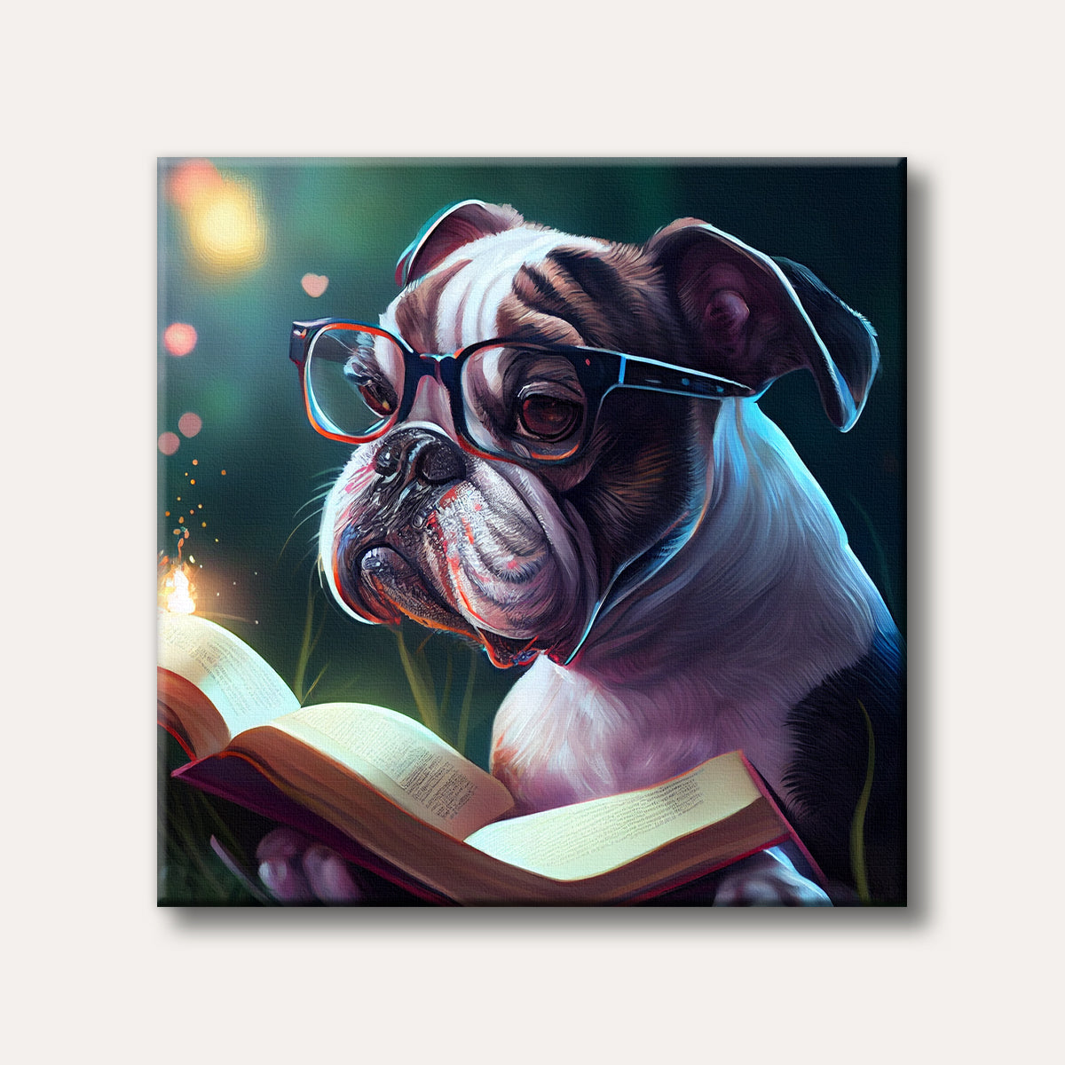 A detailed painting of a brindle and white bulldog wearing reading glasses, focused on an illuminated open book with magical light, set against a dark, mystical green background.