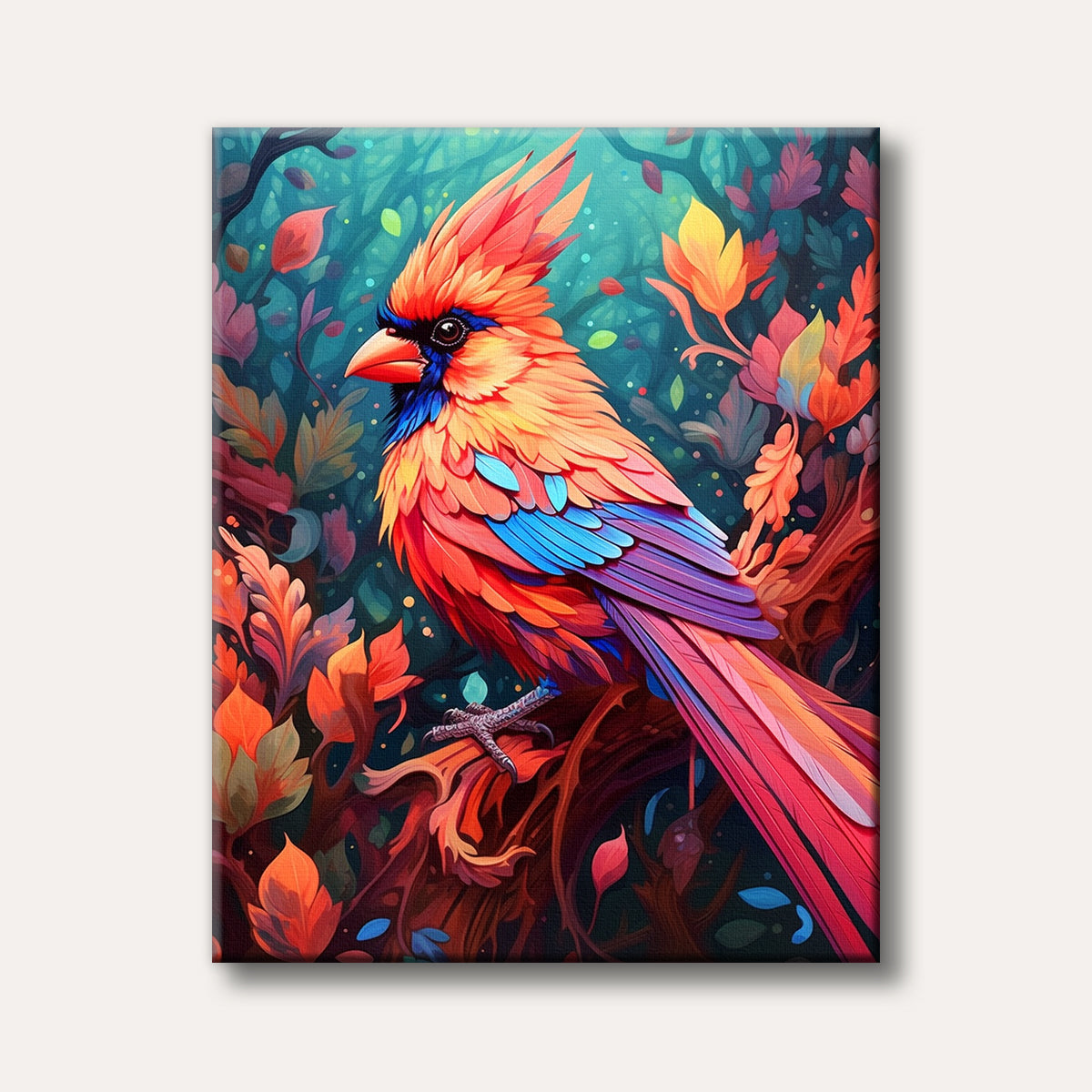 A vibrant, crested bird with striking orange, red, and blue feathers perched in a whimsical forest, depicted in a highly colourful, digital art style.