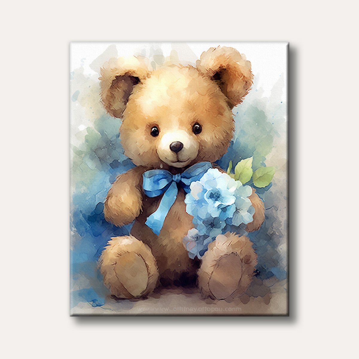 A charming watercolour painting of a fluffy brown teddy bear holding a bouquet of light blue flowers, depicted in a soft, gentle style.