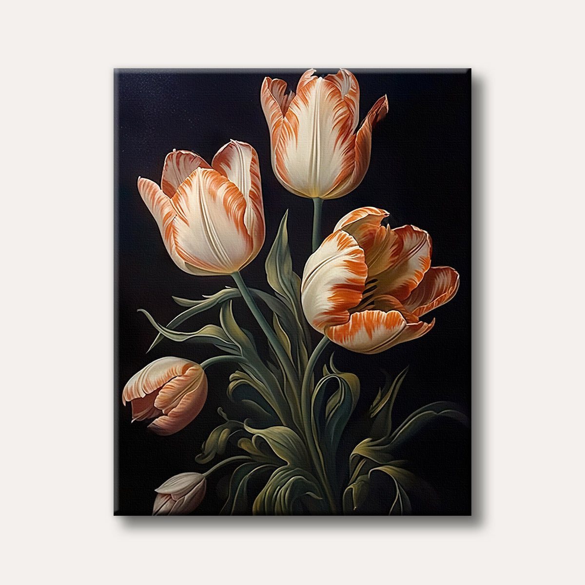 A striking bouquet of white and orange-striped tulips with green leaves, painted in a realistic and classic Dutch Master style against a dark background.