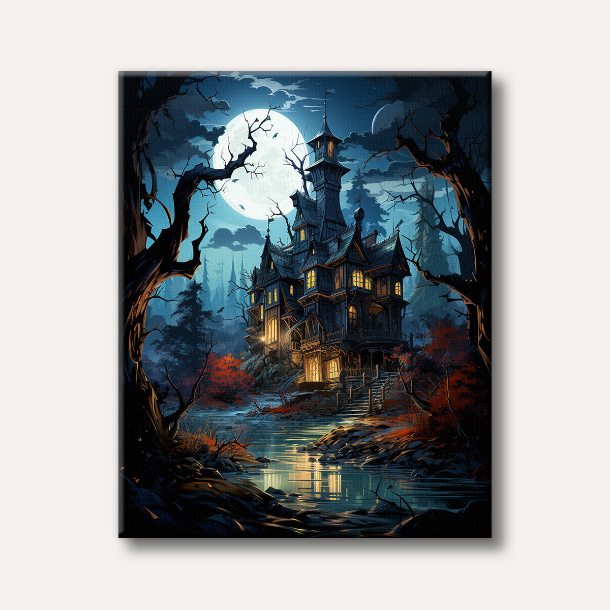 A spooky, gothic haunted mansion with glowing windows stands beside a reflective body of water under a large full moon, surrounded by bare trees in a dark, mysterious forest setting.