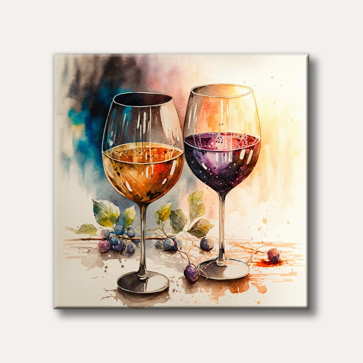 Two elegant wine glasses, one white and one red, depicted in a vibrant watercolour style with grapes and leaves, exuding a celebratory and artistic mood.