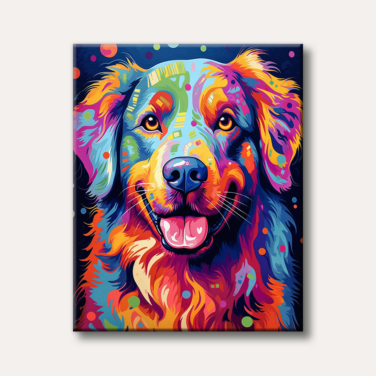 A vibrant, close-up pop art portrait of a smiling dog with its tongue out, featuring an explosion of multi-coloured, abstract patterns on its fur against a dark background.