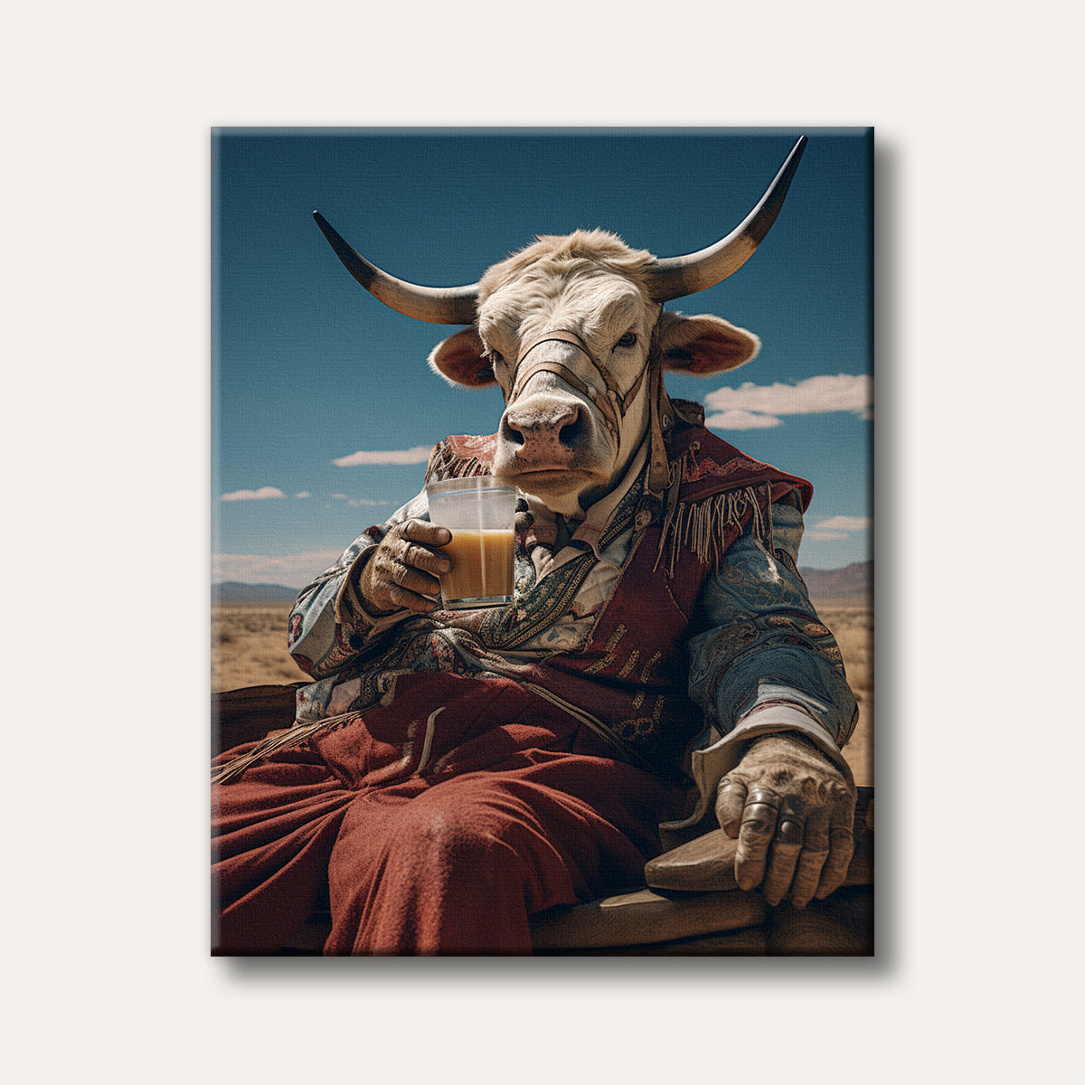 An anthropomorphic bull wearing ornate human clothing relaxes in a desert landscape, holding a glass of a yellow drink, depicted in a surreal and detailed style.