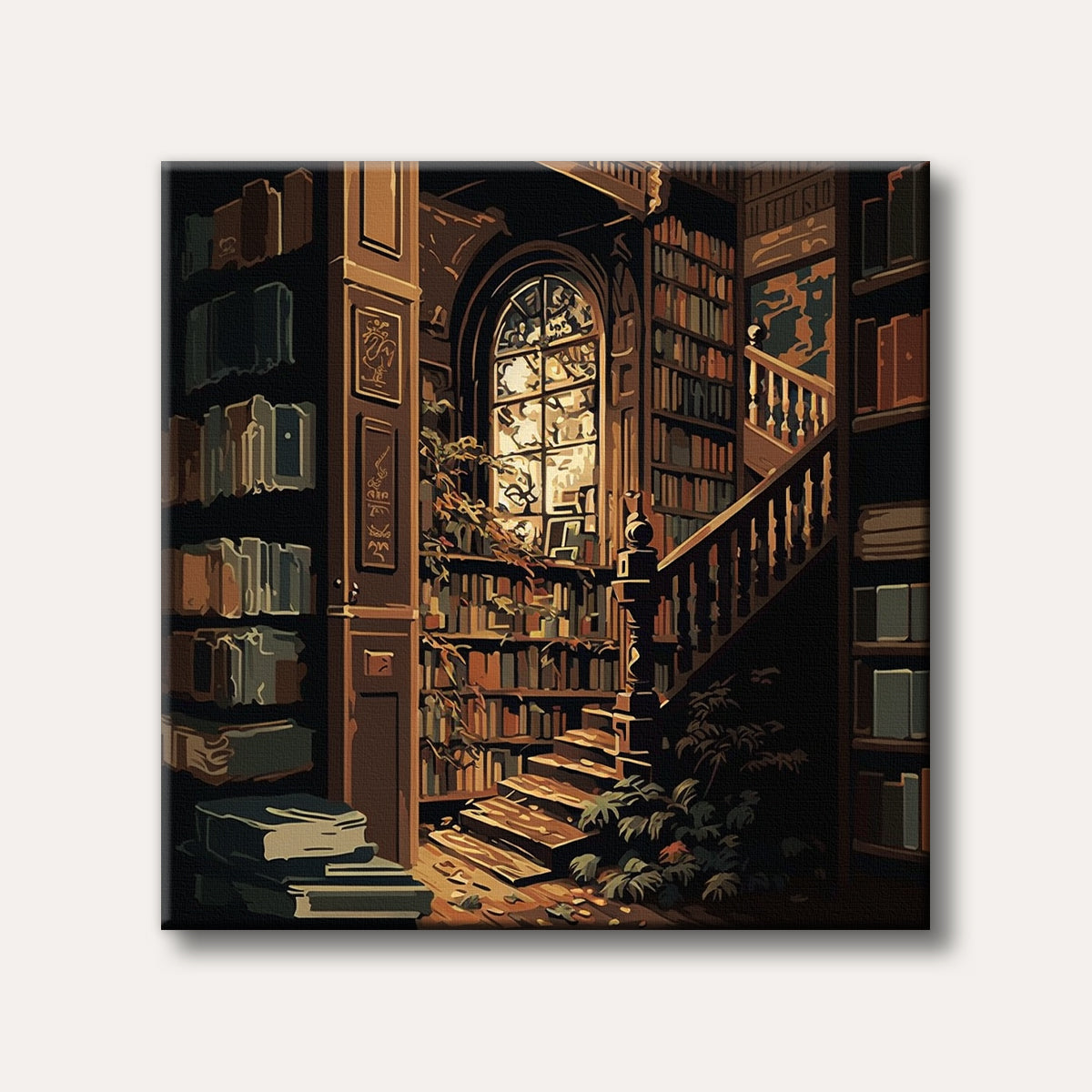 A detailed illustration of a large, dark library with towering bookshelves, a grand arched window, and a wooden staircase, bathed in warm, ethereal light, conveying a mysterious and intellectual atmosphere.